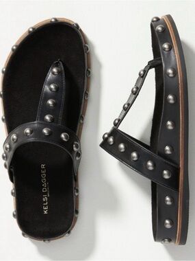 Kelsi Dagger Black Studded Leather T-Strap Sandals